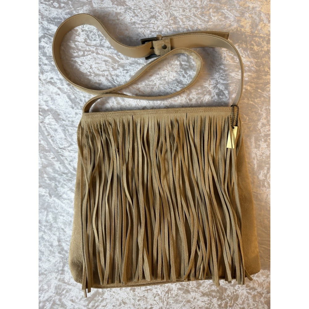 Charter Club Suede Leather Fringe Shoulder Bag Tan‎ Boho Western Crossbody
